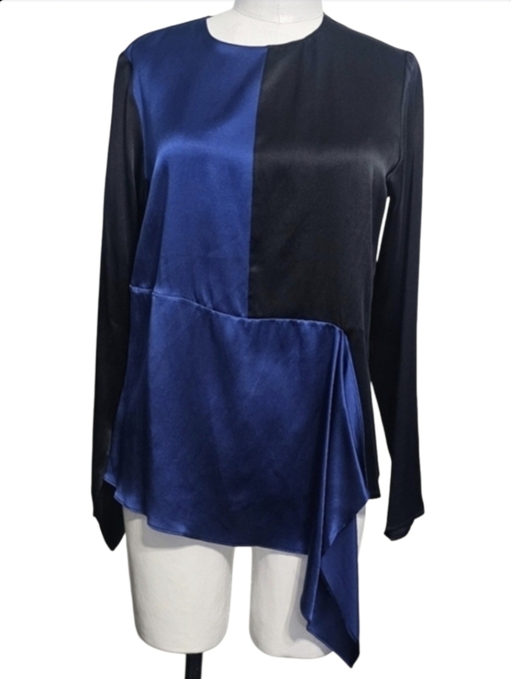 W By Worth Silk Romantic Long Sleeve Black/Blue Colorblock Blouse Sz 6